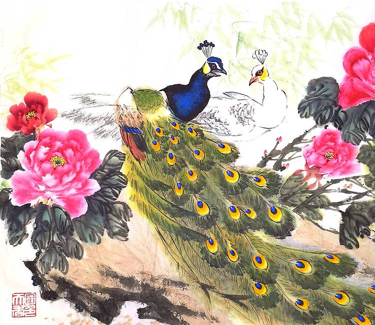 当代著名书画家 醉墨 中国牡丹书画院名誉院长朱毅江国画作品《吉祥春光》