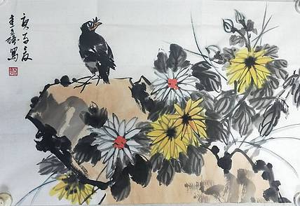 王建鑫 八哥菊花图，秋趣。