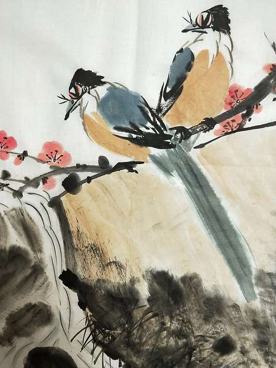 王建鑫 喜鹊图，溪上春色。