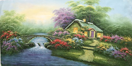 黄明灯手绘油画作品《小桥人家》