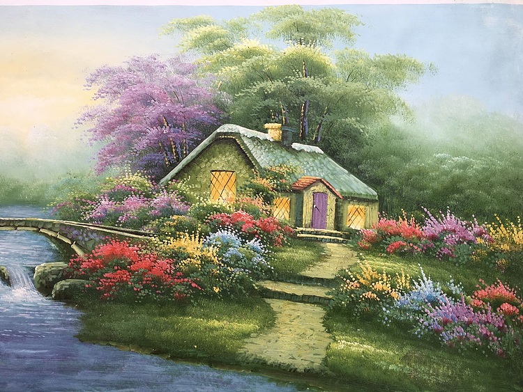 黄明灯手绘油画作品《小桥人家》