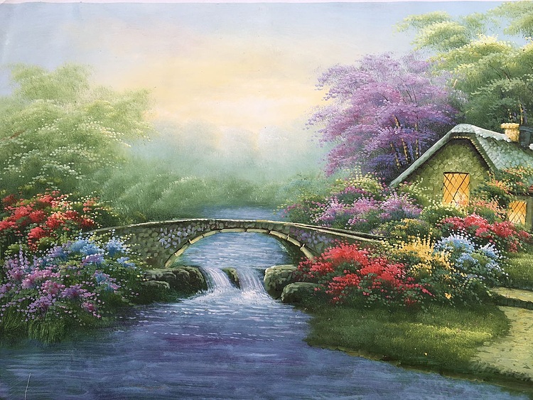 黄明灯手绘油画作品《小桥人家》