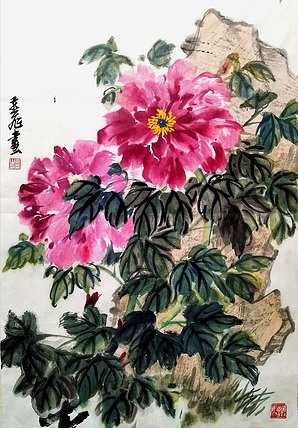 山东省美协会员 燕飞  独立东风看牡丹