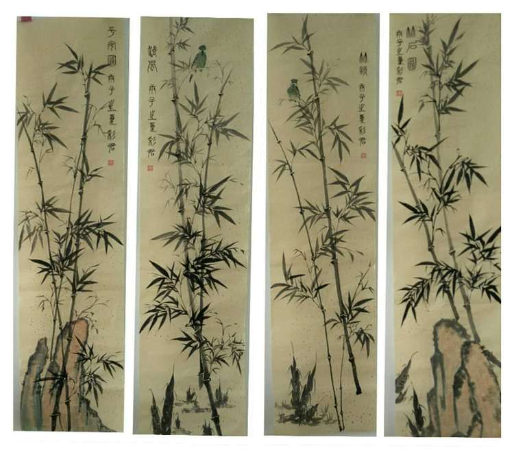 范彩君 山东德州美协会员，墨竹四条屏，洒金生宣纸