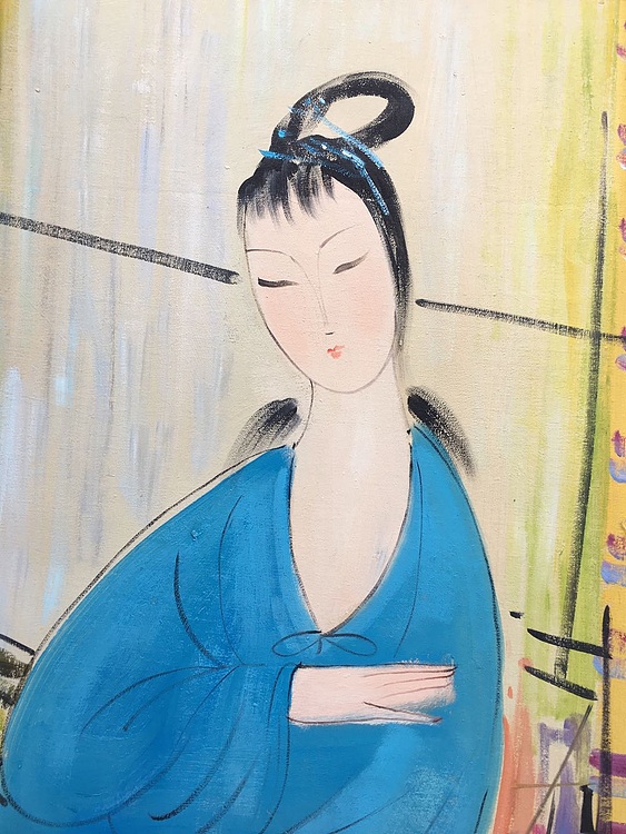 黄明灯手绘油画作品《仕女看书图》