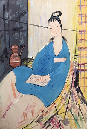 黄明灯手绘油画作品《仕女看书图》