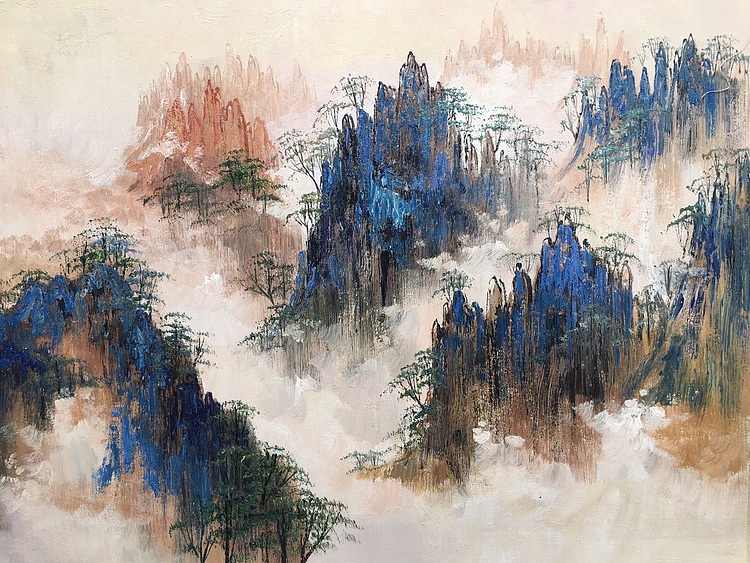 黄明灯手绘油画作品巜黄山云海》