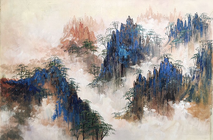 黄明灯手绘油画作品巜黄山云海》
