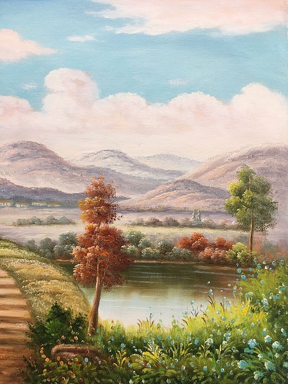 余建生手绘油画作品巜远山》37