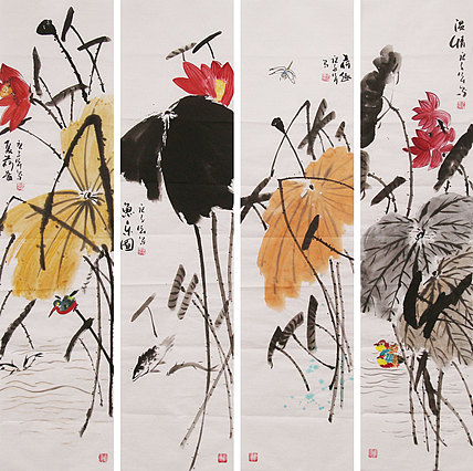 中国国家书画院会员 李茂林 花鸟四条屏 附收藏宣传页