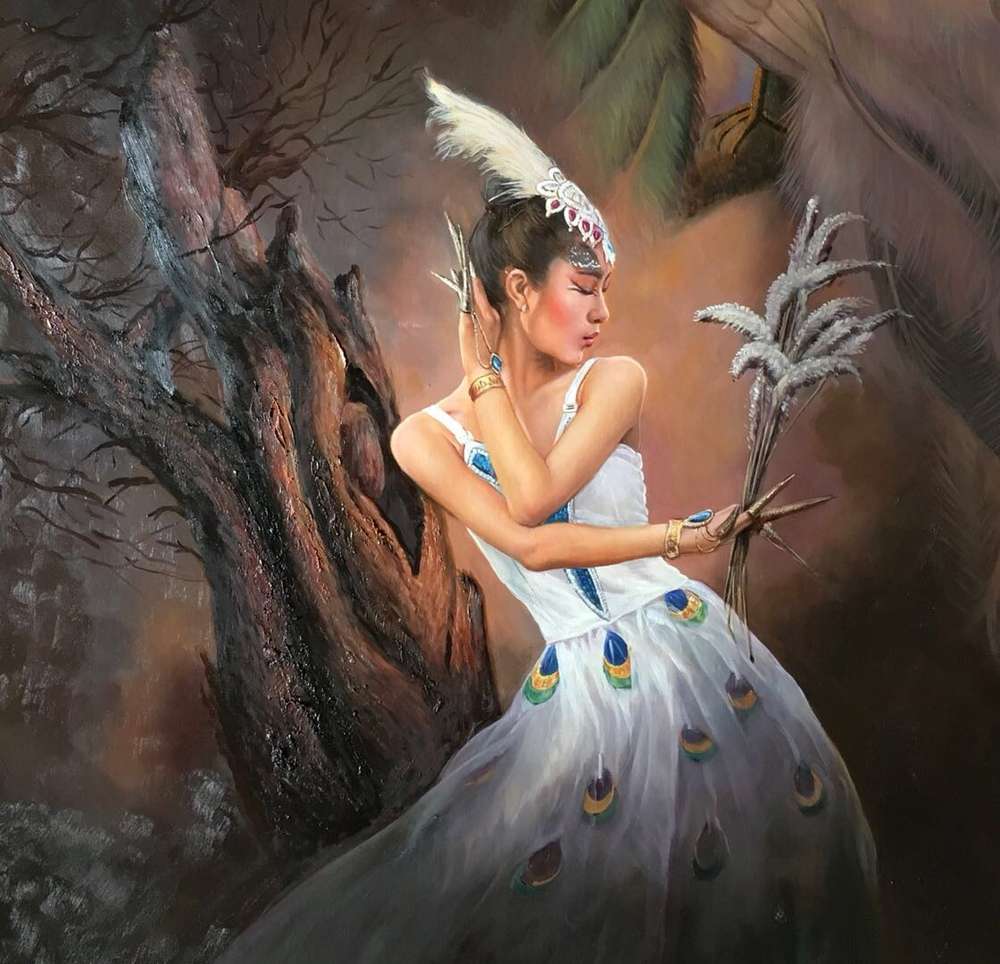 北京东方油画创作院副院长 陈一茗真迹,手绘作品 《 孔雀舞》