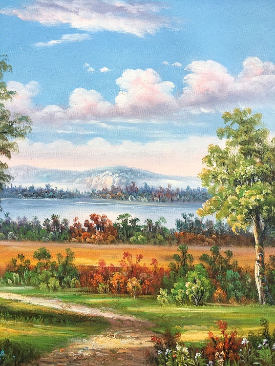 黄明灯手绘油画作品巜小河》