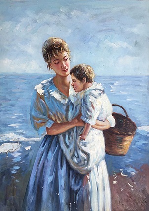 张嘉應手绘油画作品巜母与子》