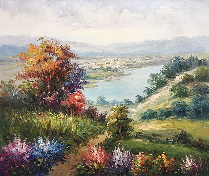 黄明灯手绘油画作品巜远山》