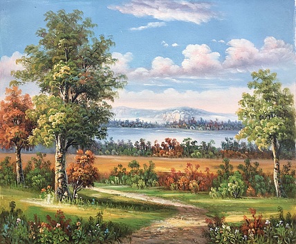 黄明灯手绘油画作品巜小河》