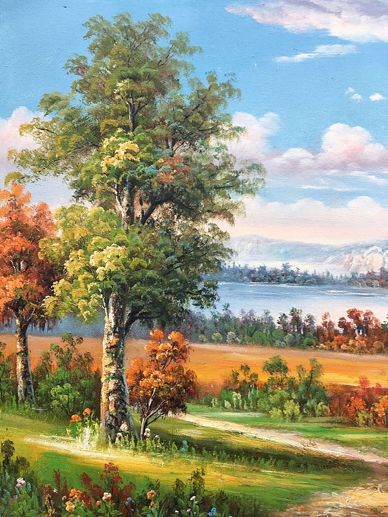 黄明灯手绘油画作品巜小河》