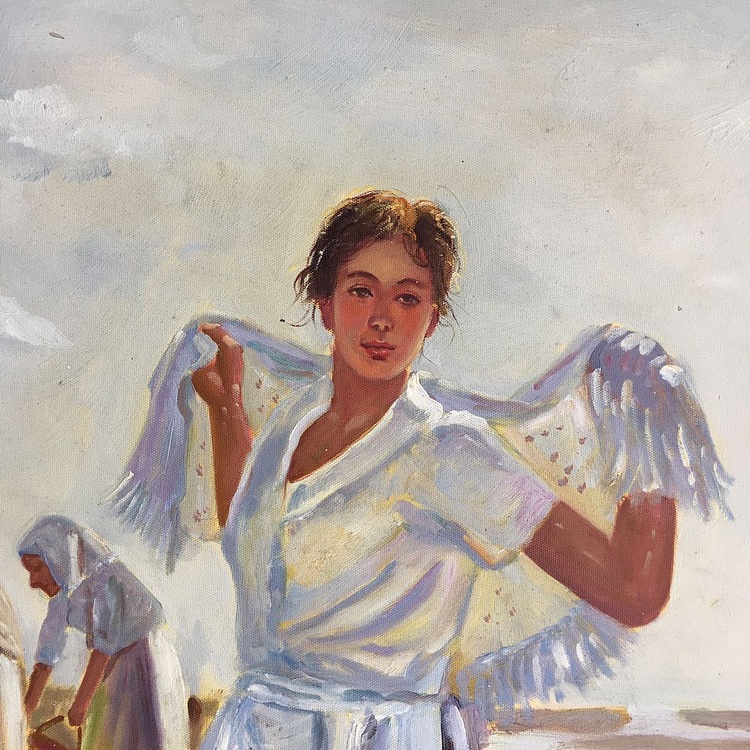 张嘉應手绘油画作品巜海边女孩》