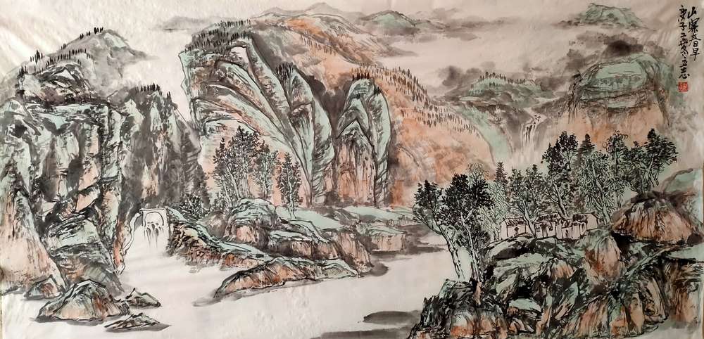 山西著名画家 范立志 四尺山水 山寨春早