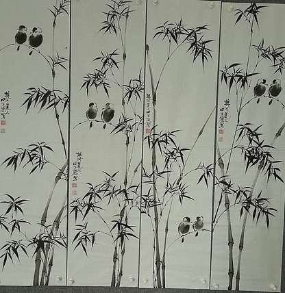田子源 墨竹小鸟四条屏