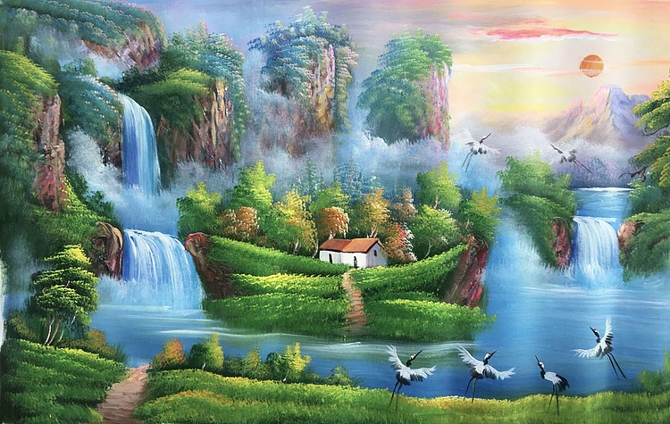 黄明灯手绘油画作品《旭日东升》