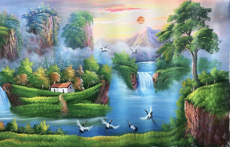 黄明灯手绘油画作品《旭日东升》