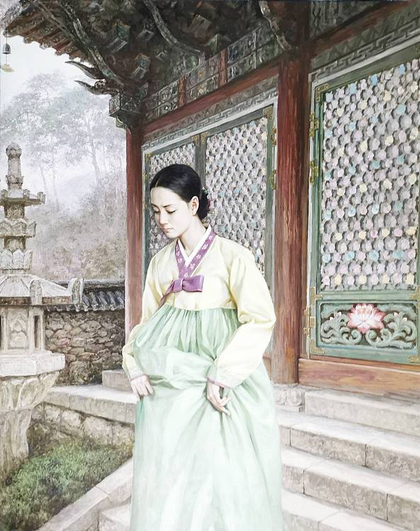 朝鲜最高级别艺术家 功勋艺术家  洪哲雄 《庭院中的美人》05