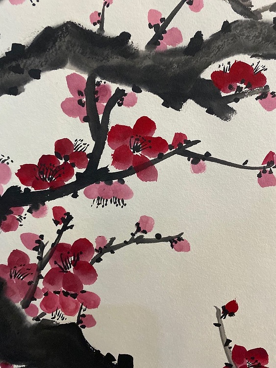 国家一级美术师 亚墨 红梅花开已装裱，内芯92&times;92