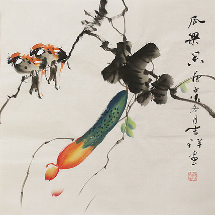 斗方花鸟作品——画家吉祥
