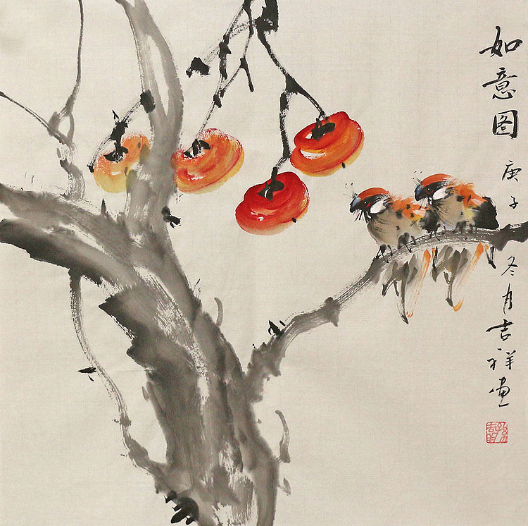 斗方花鸟作品——画家吉祥