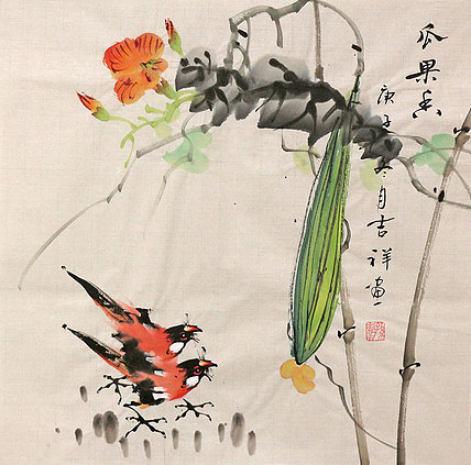斗方花鸟作品——画家吉祥