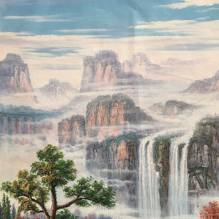 黄明灯手绘油画作品《高山流水》