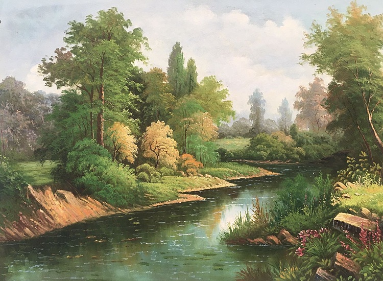 黄明灯手绘油画作品《小河》