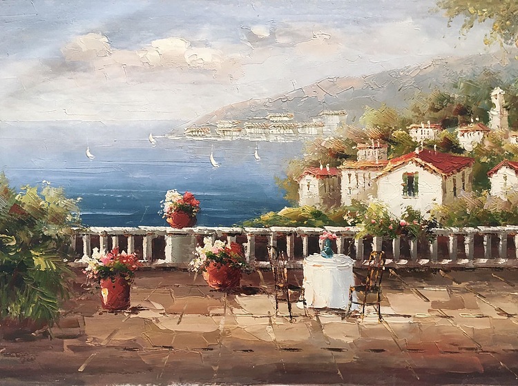 黄明灯手绘油画作品《爱情海》
