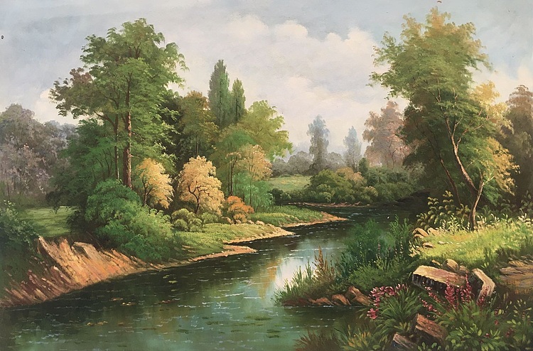 黄明灯手绘油画作品《小河》