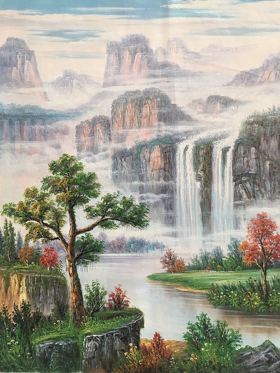 黄明灯手绘油画作品《高山流水》