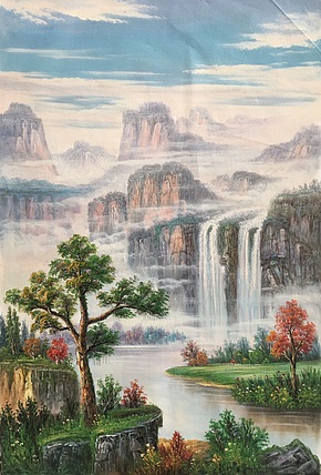 黄明灯手绘油画作品《高山流水》