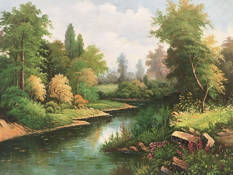 黄明灯手绘油画作品《小河》