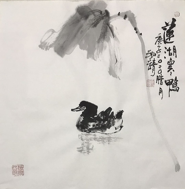 中国书画收藏家协会会员 泓靖 莲湖寒鸭