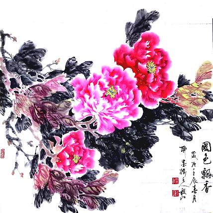 当代著名书画家 醉墨 朱毅江国画《国色天香》68*68厘米