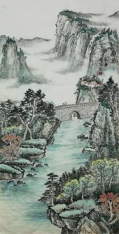 河北省美协会员 周植筠 山水画作品《观瀑》