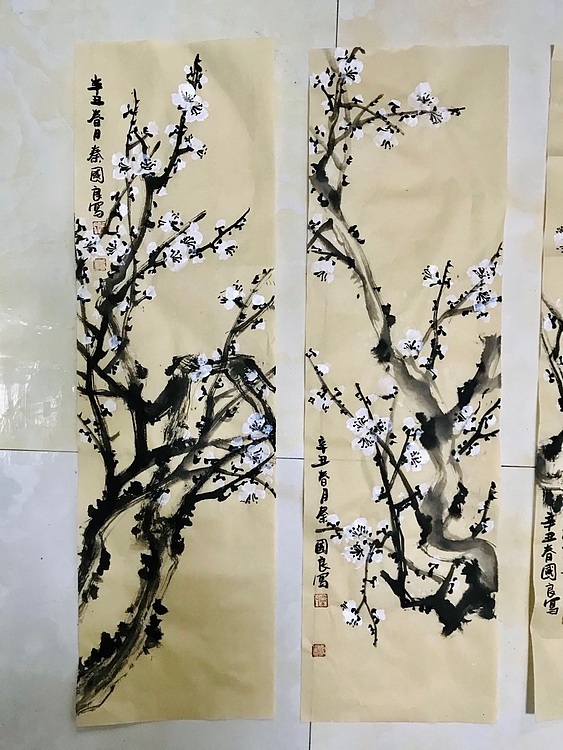 秦国良 写意白梅四条屏