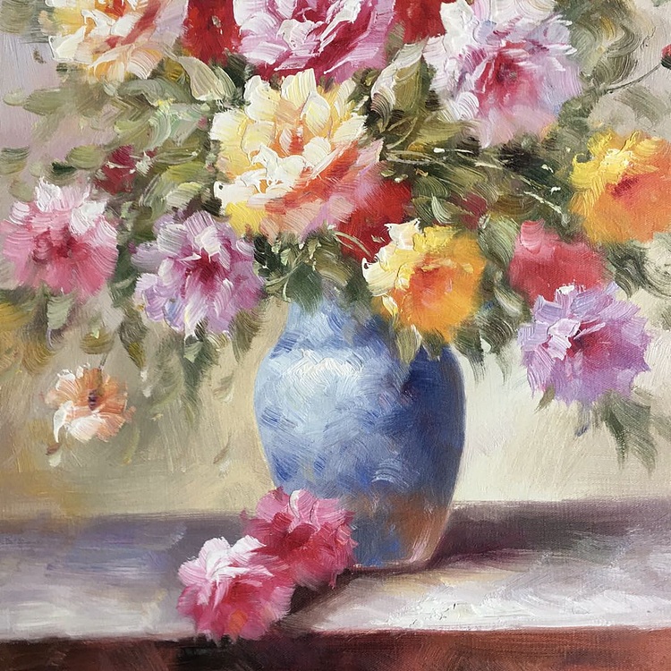邹娜手绘油画作品《鲜花盛开》