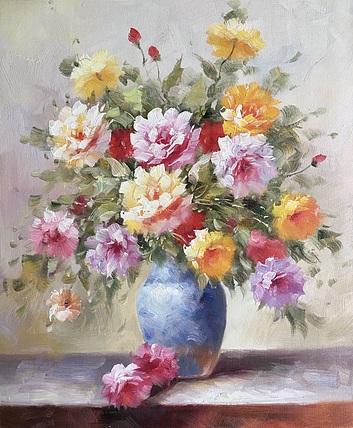邹娜手绘油画作品《鲜花盛开》