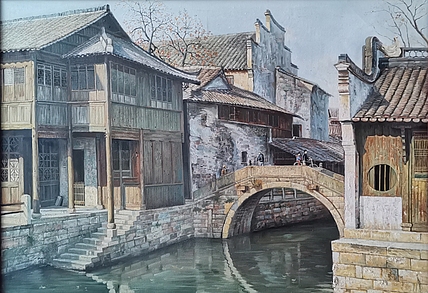 艺术家 蔡朝辉 油画作品《静静的水乡》