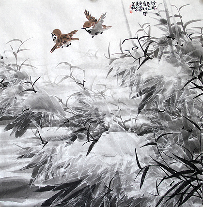 中国冰雪画研究会理事、安徽省美协会员  李成林 国画《竹林无人鸟相呼》