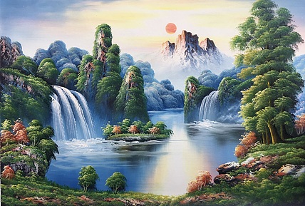黄明灯手绘油画作品《旭日东升》