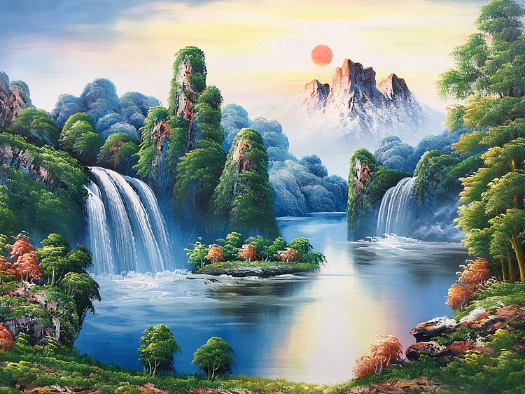 黄明灯手绘油画作品《旭日东升》