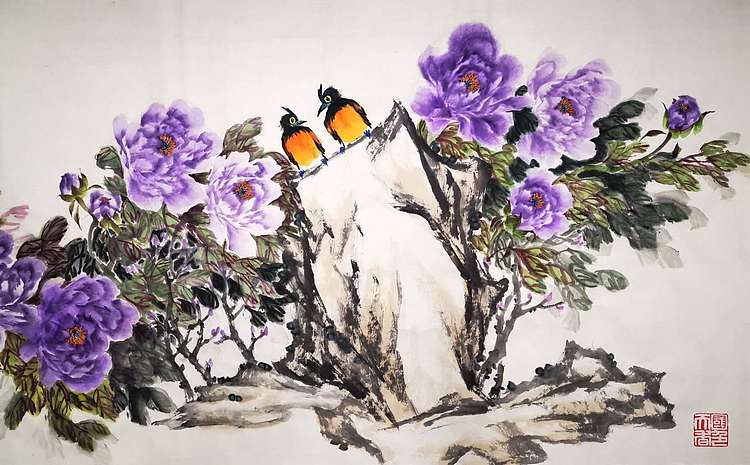 当代著名书画家 醉墨 朱毅江国画《鸟语花香益华堂》