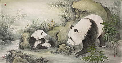 明理 四川省美术家协会会员 当代工笔画研究会会员 萌萌哒熊猫系列--《休憩》