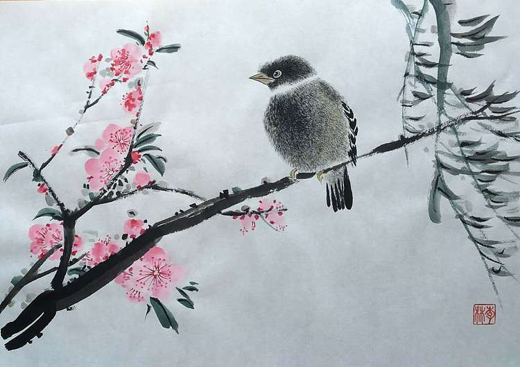 李林砚沐 当代实力派画家李林国画作品《枝头小憩》